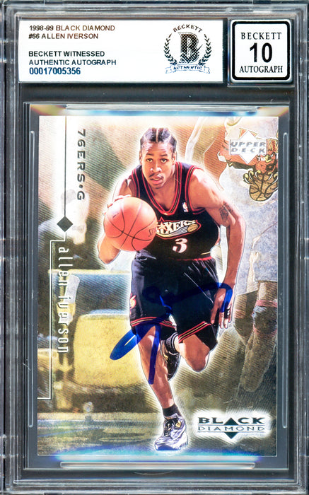 Allen Iverson Autographed 1998-99 Black Diamond Card #66 Card Philadelphia 76ers Auto Grade Gem Mint 10 Beckett BAS Witness