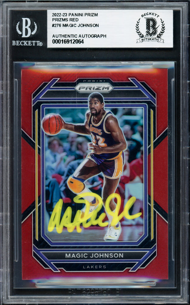 Magic Johnson Autographed 2022-23 Panini Prizm Prizms Red Card #276 Card Los Angeles Lakers #/299 Beckett BAS