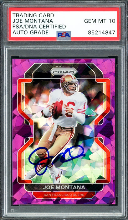 Joe Montana Autographed 2021 Panini Prizm Purple Ice Card #60 Card San Francisco 49ers Auto Grade Gem Mint 10 #/225 PSA/DNA