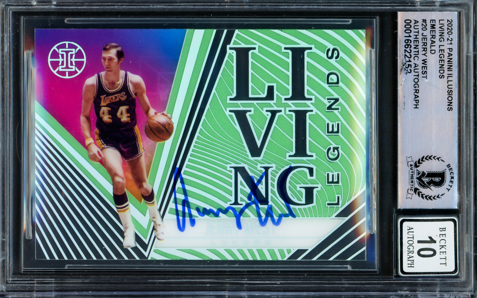 Jerry West Autographed 2020-21 Panini Illusions Living Legends Emerald Card #20 Card Los Angeles Lakers Auto Grade Gem Mint 10 Beckett BAS