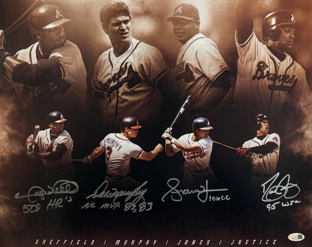 Atlanta Braves Greats Sheffield, Murphy, Jones, Justice Signed Multi-Inscription Pose 2 16x20 Photo (JSA)