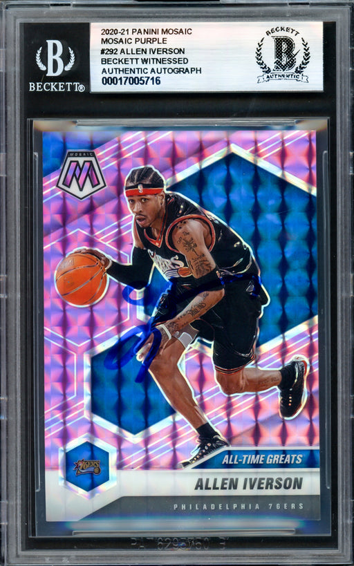 Allen Iverson Autographed 2020-21 Panini Mosaic Purple Card #292 Philadelphia 76ers #10/49 Beckett BAS Witness #17005716