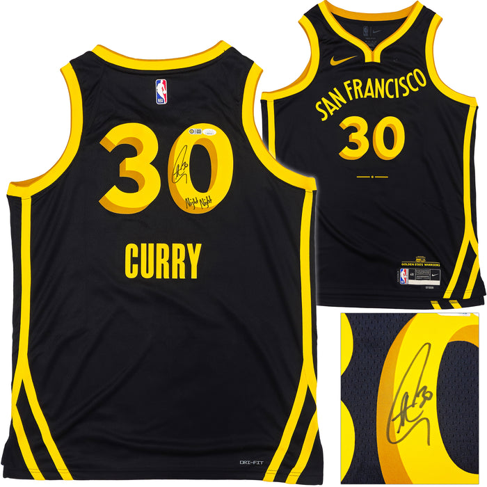 Golden State Warriors Stephen Curry Autographed Black Nike Swingman City Edition Jersey Size 48 "Night Night" JSA