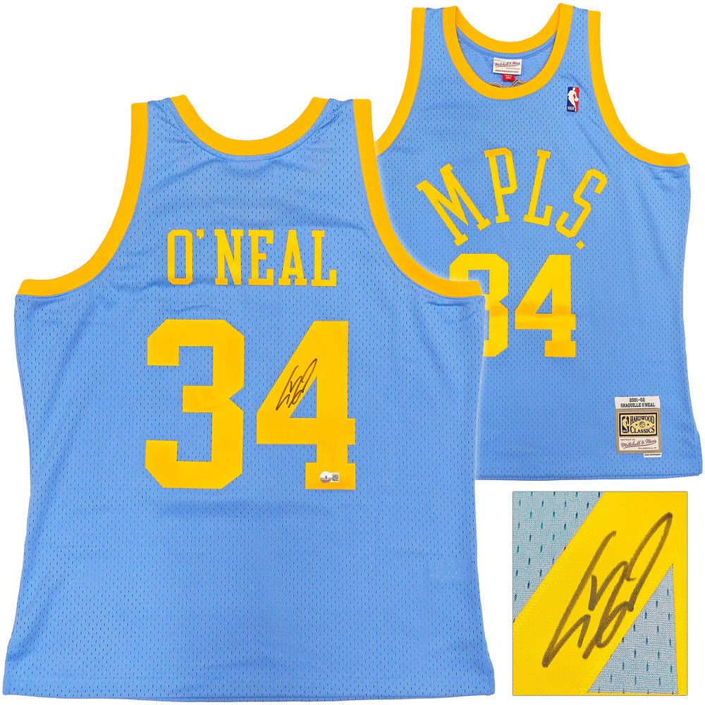 Los Angeles Lakers Shaquille Shaq O'Neal Autographed Baby Blue Authentic Mitchell & Ness 2001-02 HWC Swingman Jersey Size XL Beckett BAS Witness