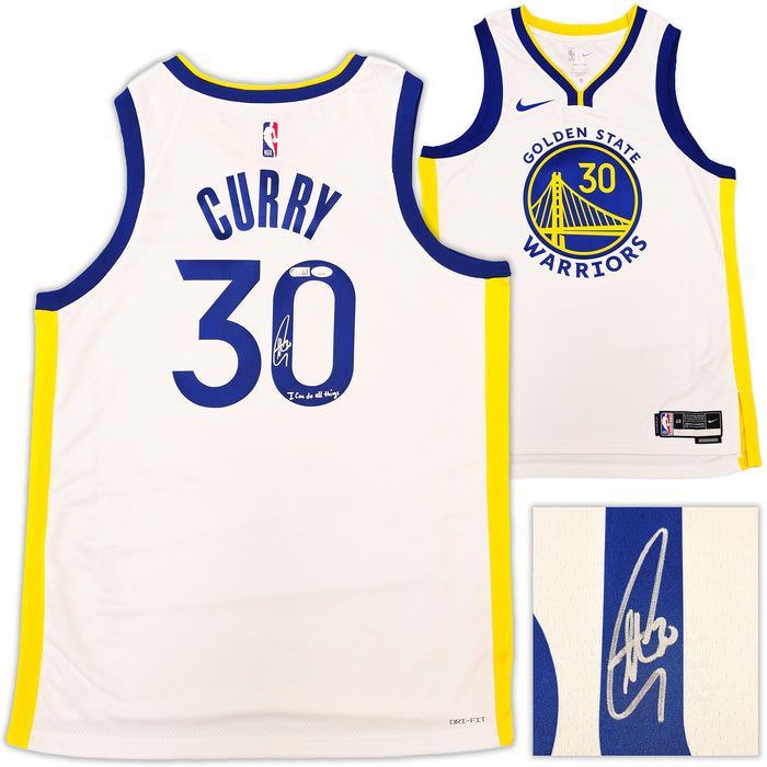 Golden State Warriors Stephen Curry Autographed White Nike Swingman Association Edition Jersey Size 48 "I Can Do All Things ..." JSA