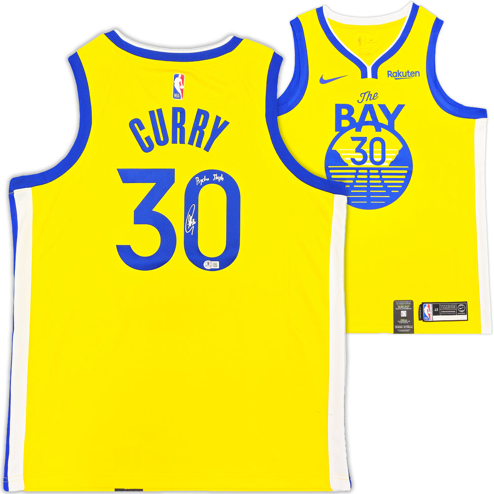 Golden State Warriors Stephen Curry Autographed Yellow Nike Swingman Jersey Size 48 "Psycho Steph" Beckett BAS QR