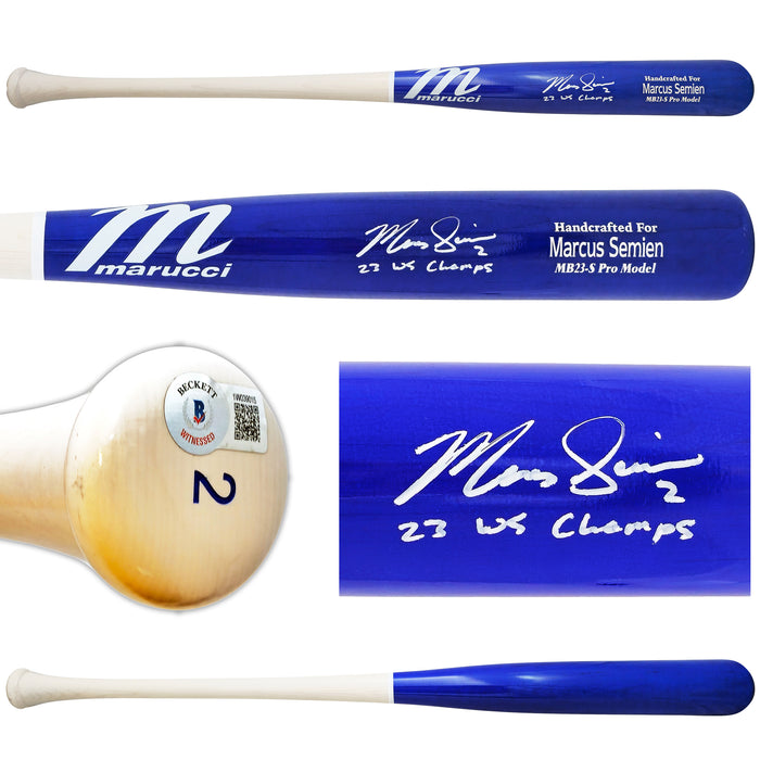 Marcus Semien Autographed Blue/White Marucci Player Model Bat Texas Rangers "23 WS Champs" Beckett BAS Witness