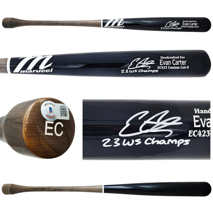 Evan Carter Autographed Navy/Grey Marucci Player Model Bat Texas Rangers "23 WS Champs" Beckett BAS Witness