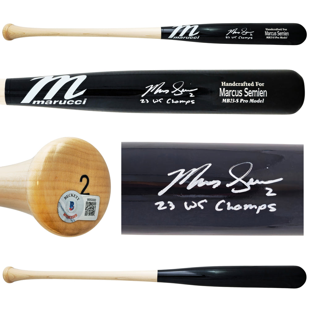 Marcus Semien Autographed Black/White Marucci Player Model Bat Texas Rangers "23 WS Champs" Beckett BAS Witness