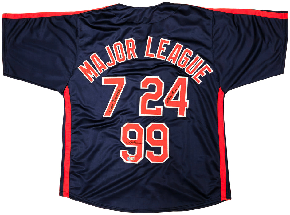 Major League Charlie Sheen, Corbin Bernsen & Tom Berenger Autographed Navy Jersey Beckett BAS Witness