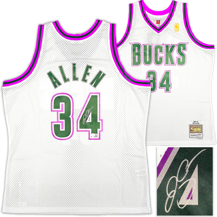 Milwaukee Bucks Ray Allen Autographed White Authentic Mitchell & Ness 1996-97 Ray Allen HWC Swingman Jersey Size XL Beckett BAS Witness