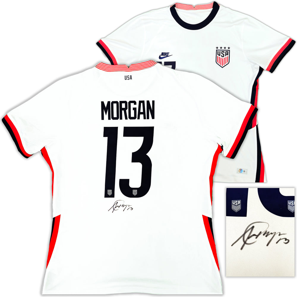 Team USA Alex Morgan Autographed White Nike Red & Blue Stripes Jersey Womens Size L Beckett BAS Witness