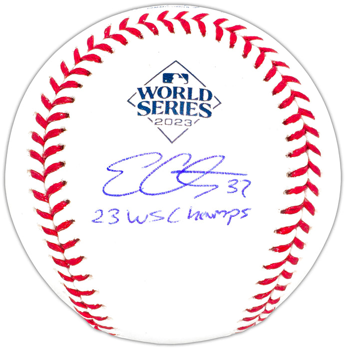 Evan Carter Autographed Official 2023 World Series Logo MLB Baseball Texas Rangers "23 WS Champs" Beckett BAS Witness
