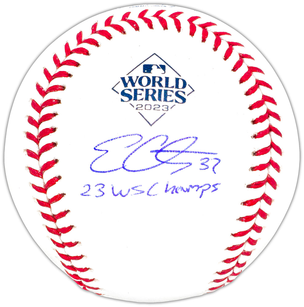 Evan Carter Autographed Official 2023 World Series Logo MLB Baseball Texas Rangers "23 WS Champs" Beckett BAS Witness