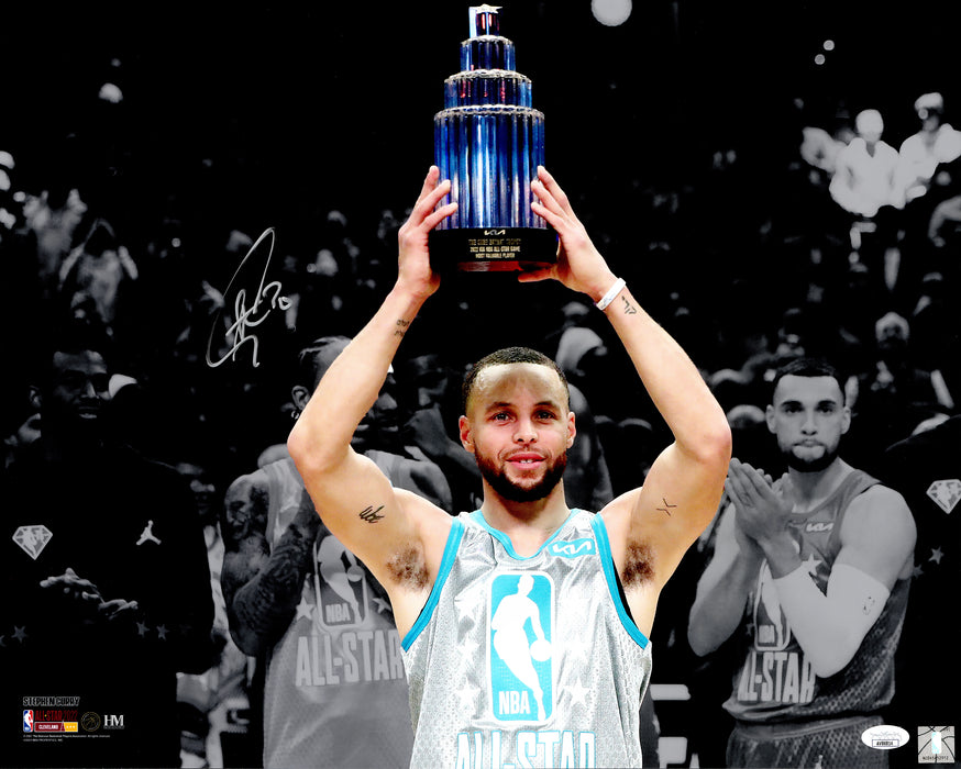 Stephen Curry Autographed 16x20 Photo Golden State Warriors All Star Game MVP Trophy JSA