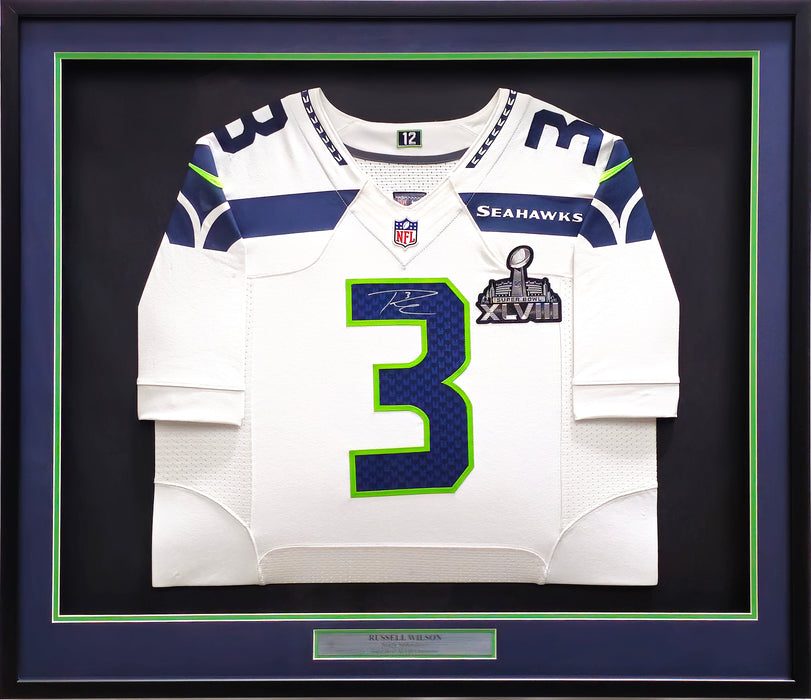 Seattle Seahawks Russell Wilson Autographed Framed White Nike Twill Jersey Super Bowl XLVIII 48 Patch RW Holo