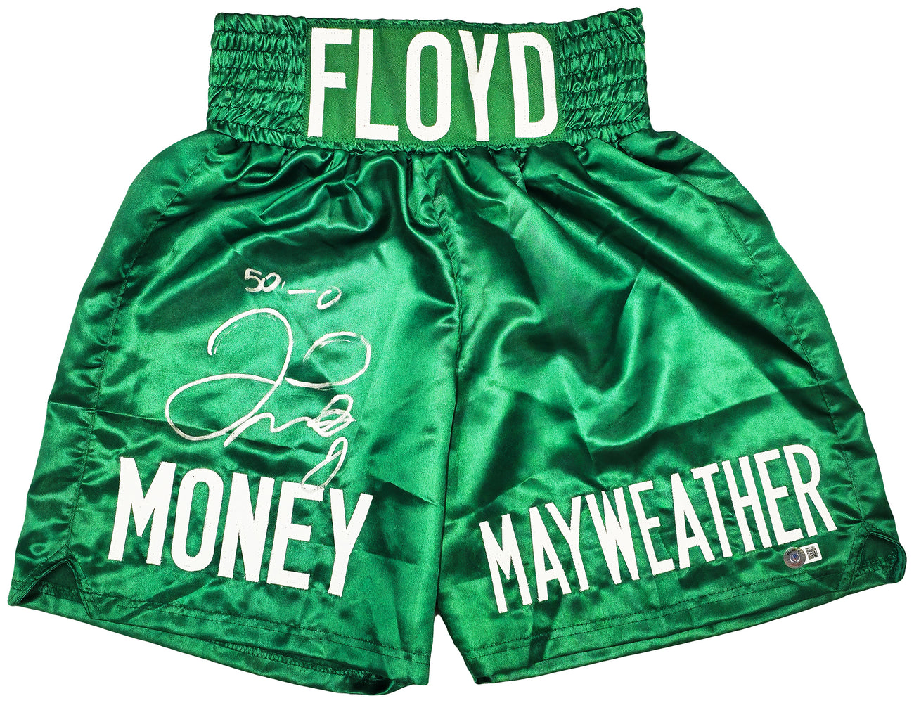 Floyd Mayweather Jr. Autographed Green Boxing Trunks "50-0" Beckett BAS Witness