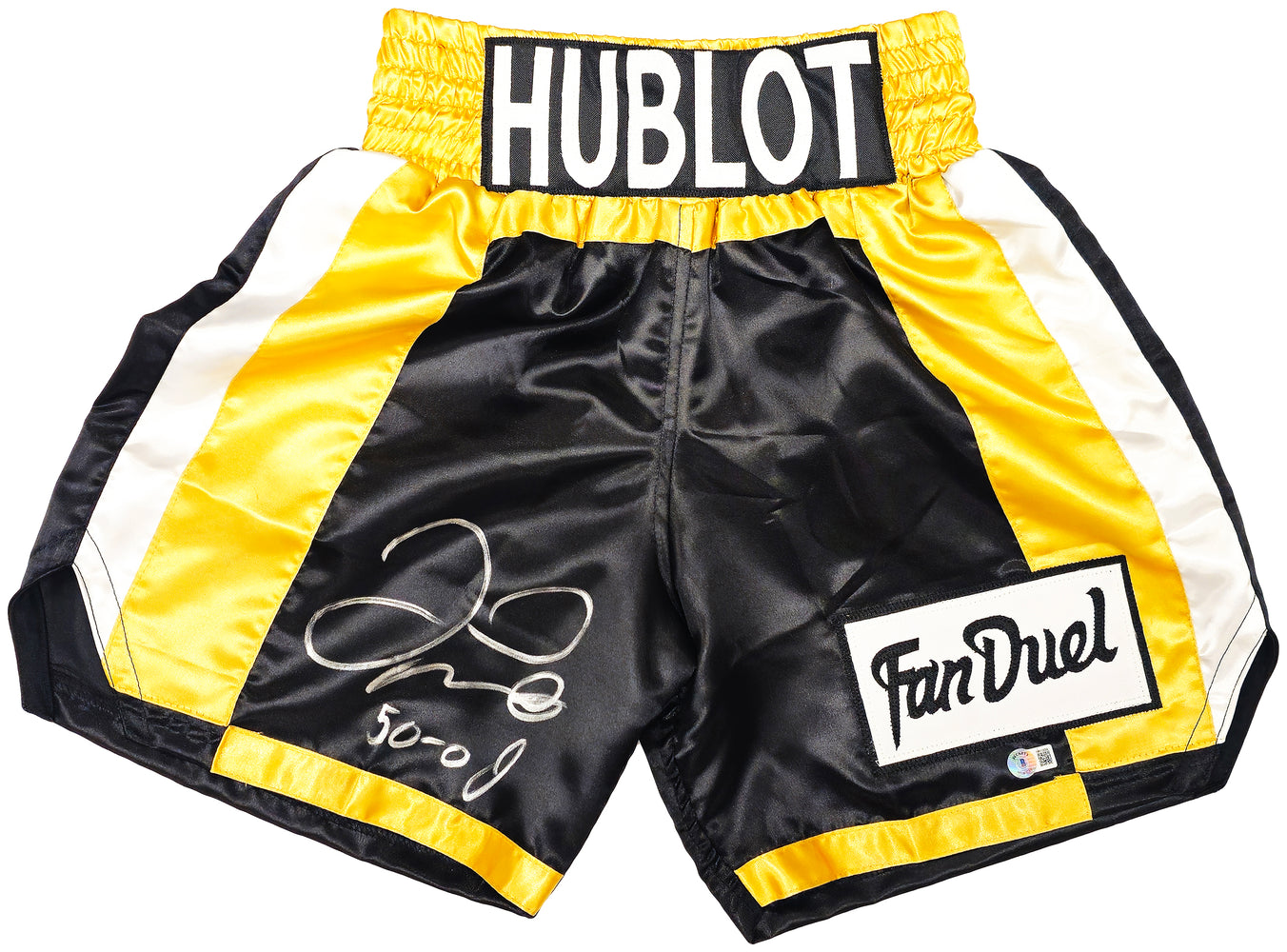Floyd Mayweather Jr. Autographed Black & Gold Boxing Trunks "50-0" Beckett BAS Witness