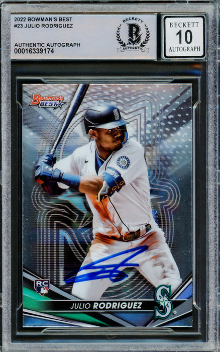 Julio Rodriguez Autographed 2022 Bowman's Best Rookie Card #23 Seattle Mariners Auto Grade Gem Mint 10 Beckett BAS #16339174