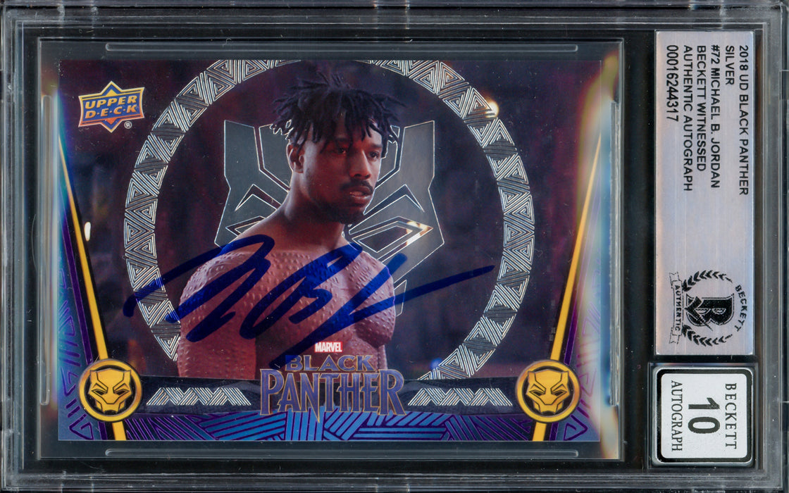Michael B. Jordan Autographed 2018 Upper Deck Black Panther Silver Card #72 Marvel Auto Grade Gem Mint 10 Beckett BAS #16244317