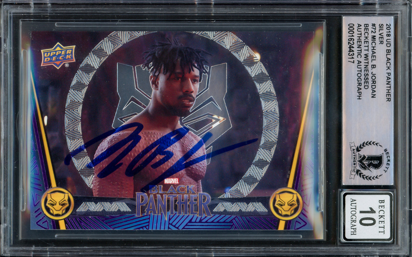 Michael B. Jordan Autographed 2018 Upper Deck Black Panther Silver Card #72 Marvel Auto Grade Gem Mint 10 Beckett BAS #16244317