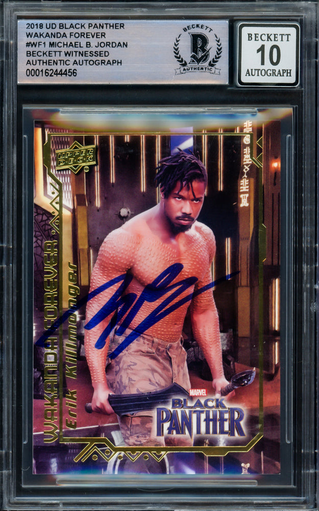 Michael B. Jordan Autographed 2018 Upper Deck Black Panther Wakanda Forever Card #WF1 Marvel Auto Grade Gem Mint 10 Beckett BAS