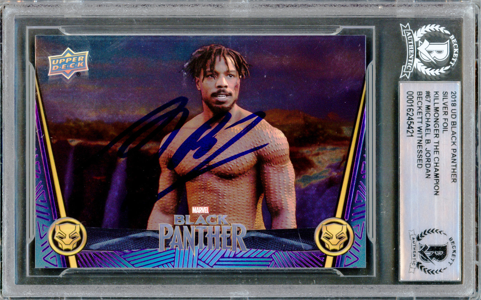 Michael B. Jordan Autographed 2018 Upper Deck Black Panther Silver Foil Card #67 Marvel Okoye Takes on KillMonger Beckett BAS