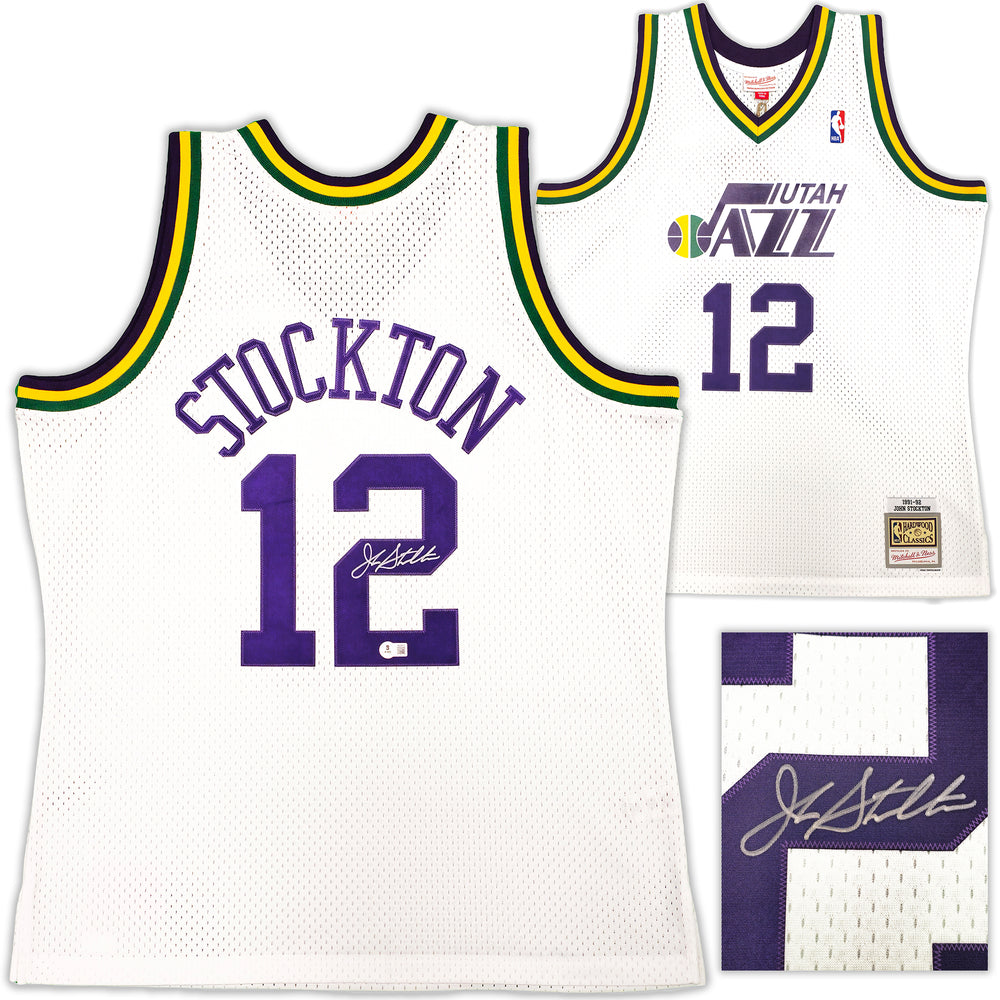 Utah Jazz John Stockton Autographed White Authentic Mitchell & Ness 1991-92 Hardwood Classic Swingman Jersey Size XL Beckett BAS Witness