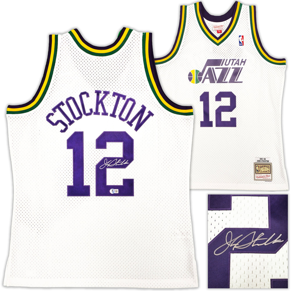 Utah Jazz John Stockton Autographed White Authentic Mitchell & Ness 1991-92 Hardwood Classic Swingman Jersey Size L Beckett BAS Witness