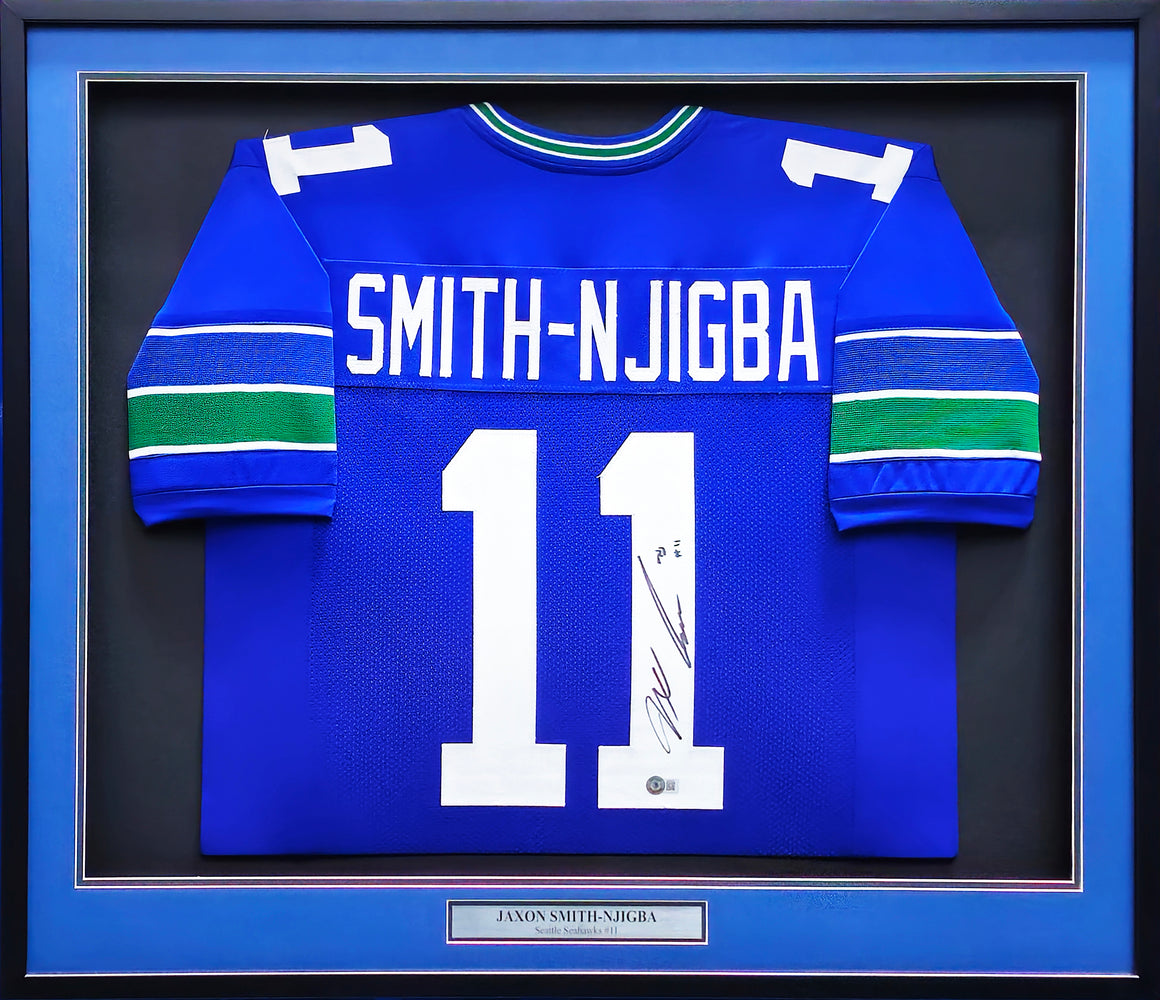 Seattle Seahawks Jaxon Smith-Njigba Autographed Framed Blue Throwback Jersey MCS Holo