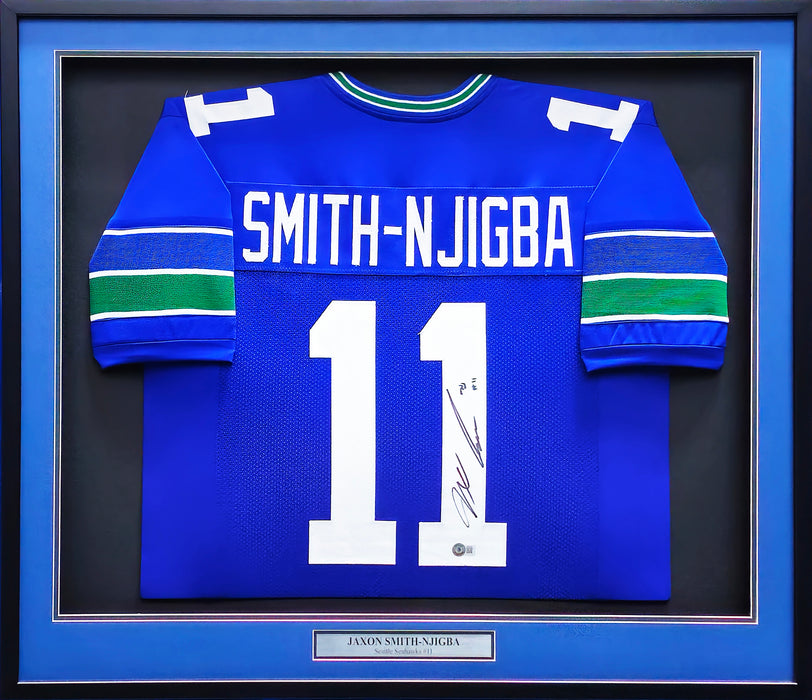 Seattle Seahawks Jaxon Smith-Njigba Autographed Framed Blue Throwback Jersey MCS Holo