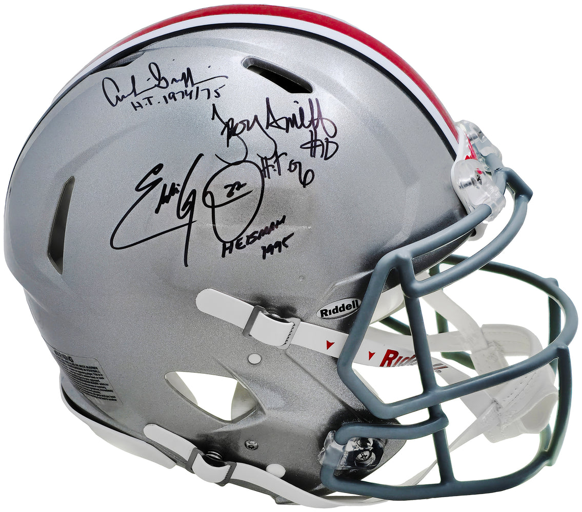 Archie Griffin, Eddie George & Troy Smith Autographed Ohio State Buckeyes Silver Full Size Authentic Speed Helmet Signature Location Varies "Heisman" Beckett BAS Witness