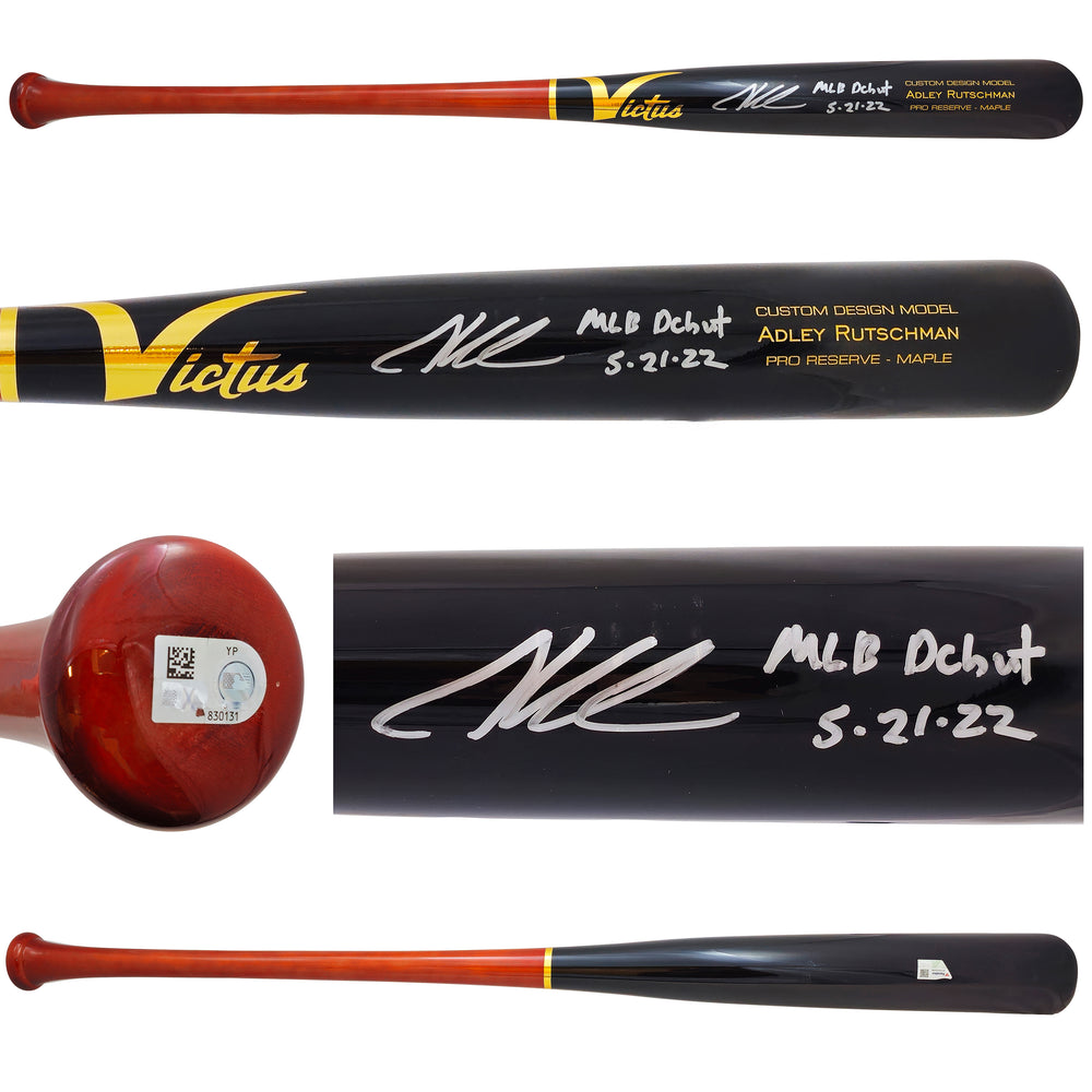 Adley Rutschman Autographed Black Victus Player Model Baseball Bat Baltimore Orioles "MLB Debut 5-21-22" Fanatics and MLB Holo
