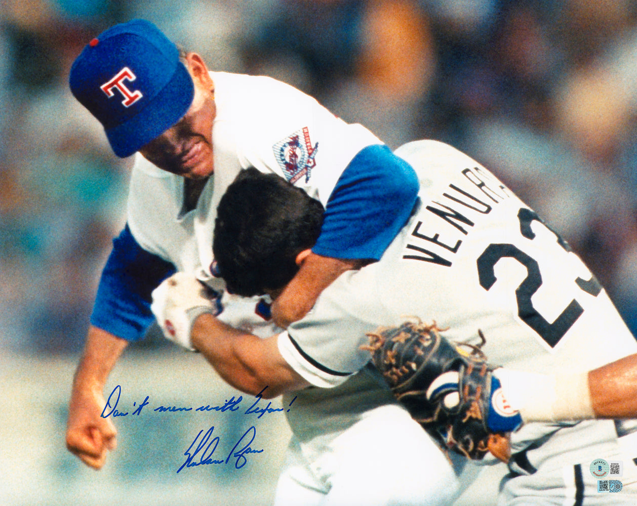 Nolan Ryan Autographed 16x20 Photo Texas Rangers Fight vs. Robin Ventura "Don't Mess With Texas!" Beckett BAS QR