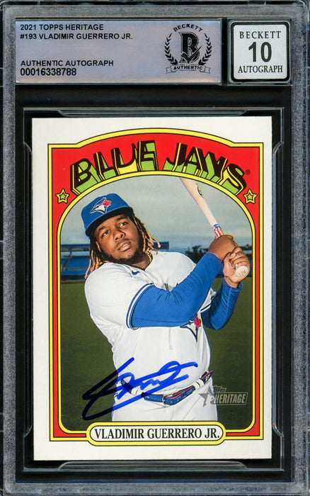 Vladimir Guerrero Jr. Autographed 2021 Topps Heritage Card #193 Toronto Blue Jays Auto Grade Gem Mint 10 Beckett BAS