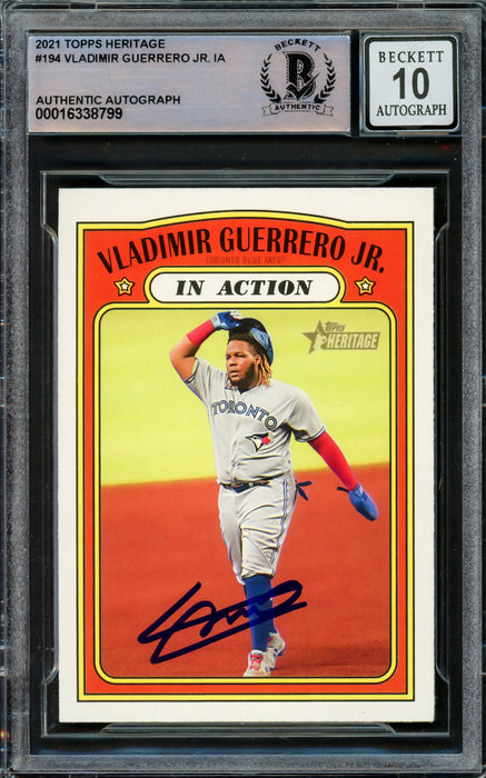 Vladimir Guerrero Jr. Autographed 2021 Topps Heritage Card #194 Toronto Blue Jays Auto Grade Gem Mint 10 Beckett BAS