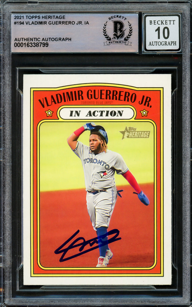 Vladimir Guerrero Jr. Autographed 2021 Topps Heritage Card #194 Toronto Blue Jays Auto Grade Gem Mint 10 Beckett BAS