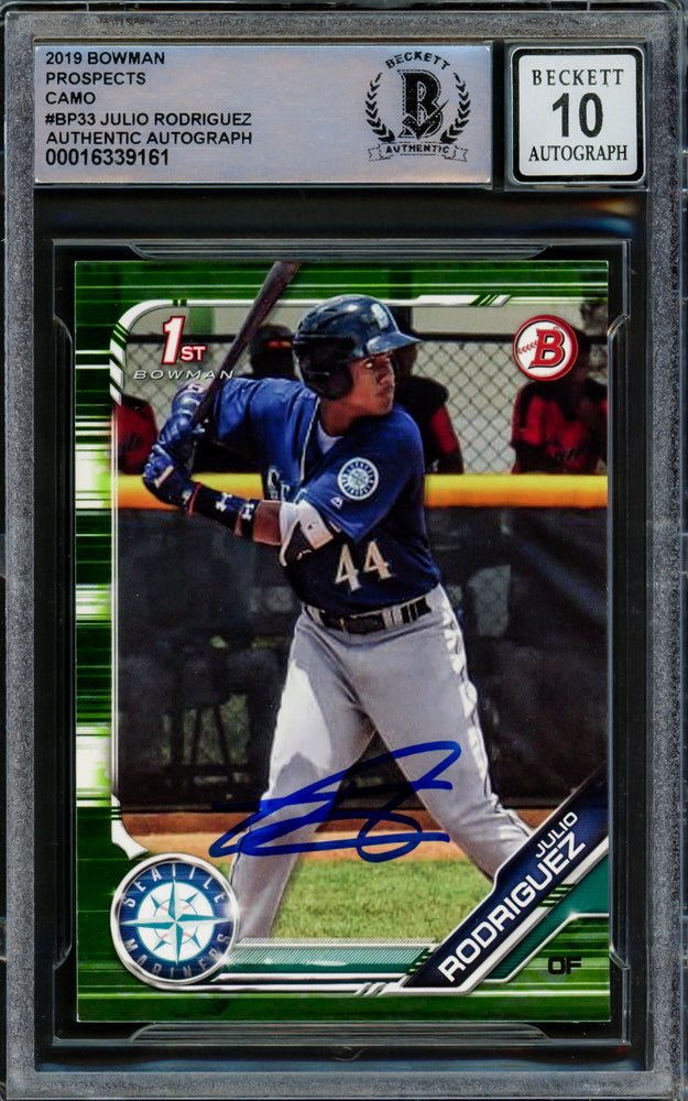 Julio Rodriguez Autographed 2019 Bowman Camo Green Rookie Card #BP33 Seattle Mariners Auto Grade Gem Mint 10 Beckett BAS