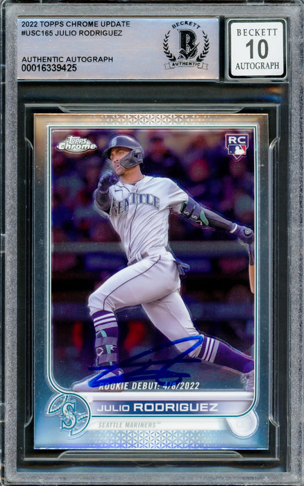 Julio Rodriguez Autographed 2022 Topps Chrome Update Rookie Card #USC165 Seattle Mariners Auto Grade Gem Mint 10 Beckett BAS