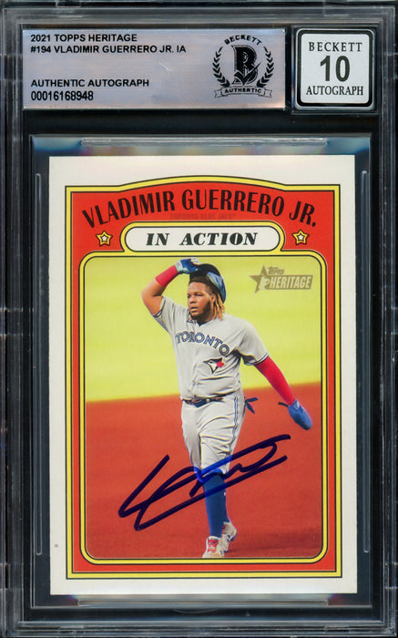 Vladimir Guerrero Jr. Autographed 2021 Topps Heritage Card #194 Toronto Blue Jays Auto Grade Gem Mint 10 Beckett BAS #16168948