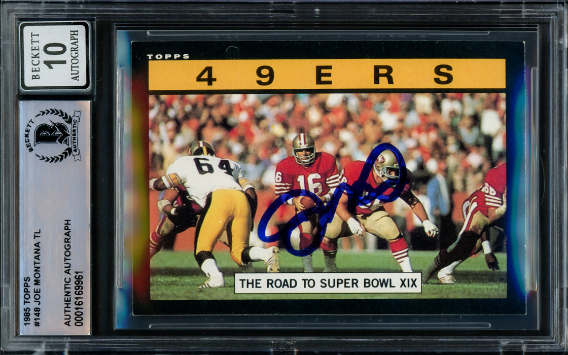 Joe Montana Autographed 1985 Topps Card #148 San Francisco 49ers Auto Grade Gem Mint 10 Beckett BAS #16169961