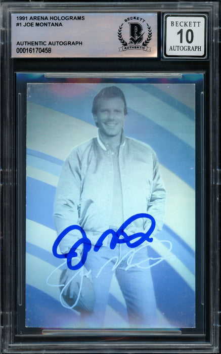 Joe Montana Autographed 1991 Arena Hologram Card #1 San Francisco 49ers Auto Grade Gem Mint 10 Beckett BAS #16170458