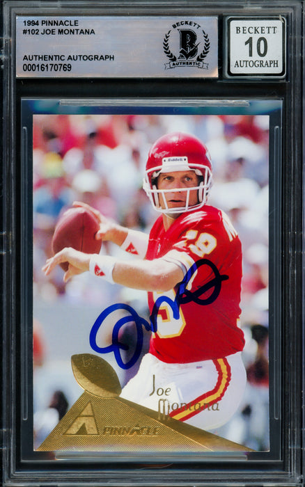 Joe Montana Autographed 1994 Pinnacle Card #102 Kansas City Chiefs Auto Grade Gem Mint 10 Beckett BAS #16170769