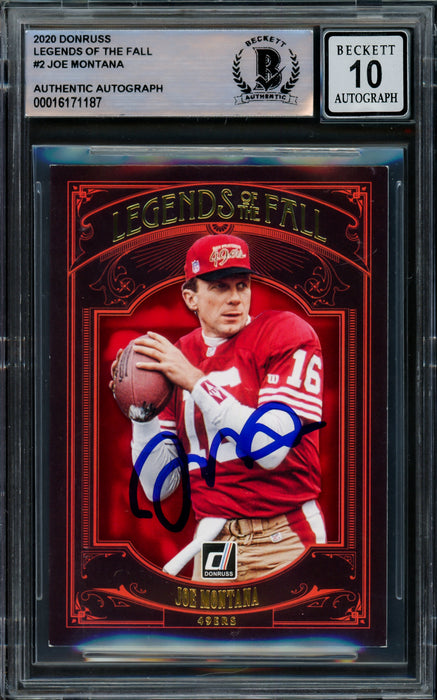 Joe Montana Autographed 2020 Donruss Card #LF-JM San Francisco 49ers Auto Grade Gem Mint 10 Beckett BAS #16171187