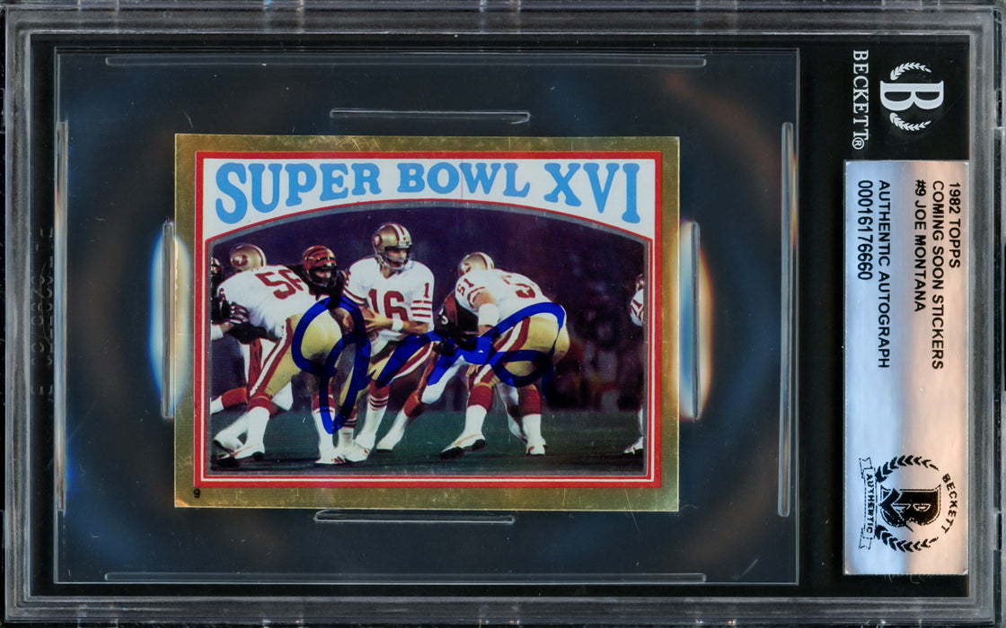 Joe Montana Autographed 1982 Topps Sticker Card #9 San Francisco 49ers Beckett BAS #16176660