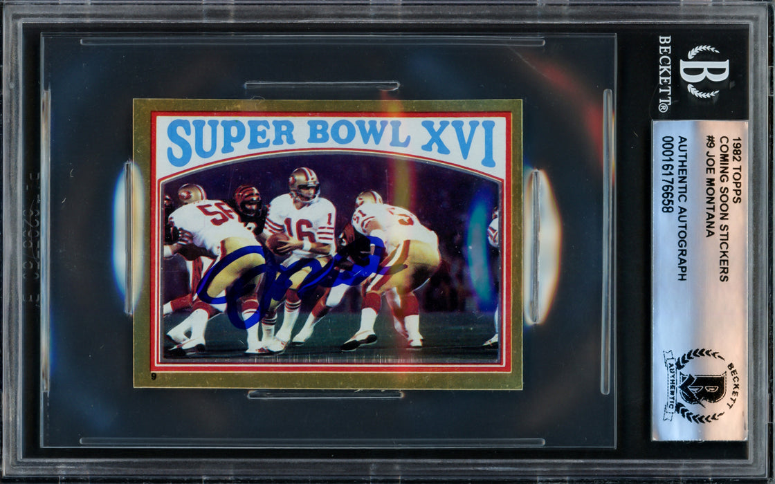 Joe Montana Autographed 1982 Topps Sticker Card #9 San Francisco 49ers Beckett BAS #16176658