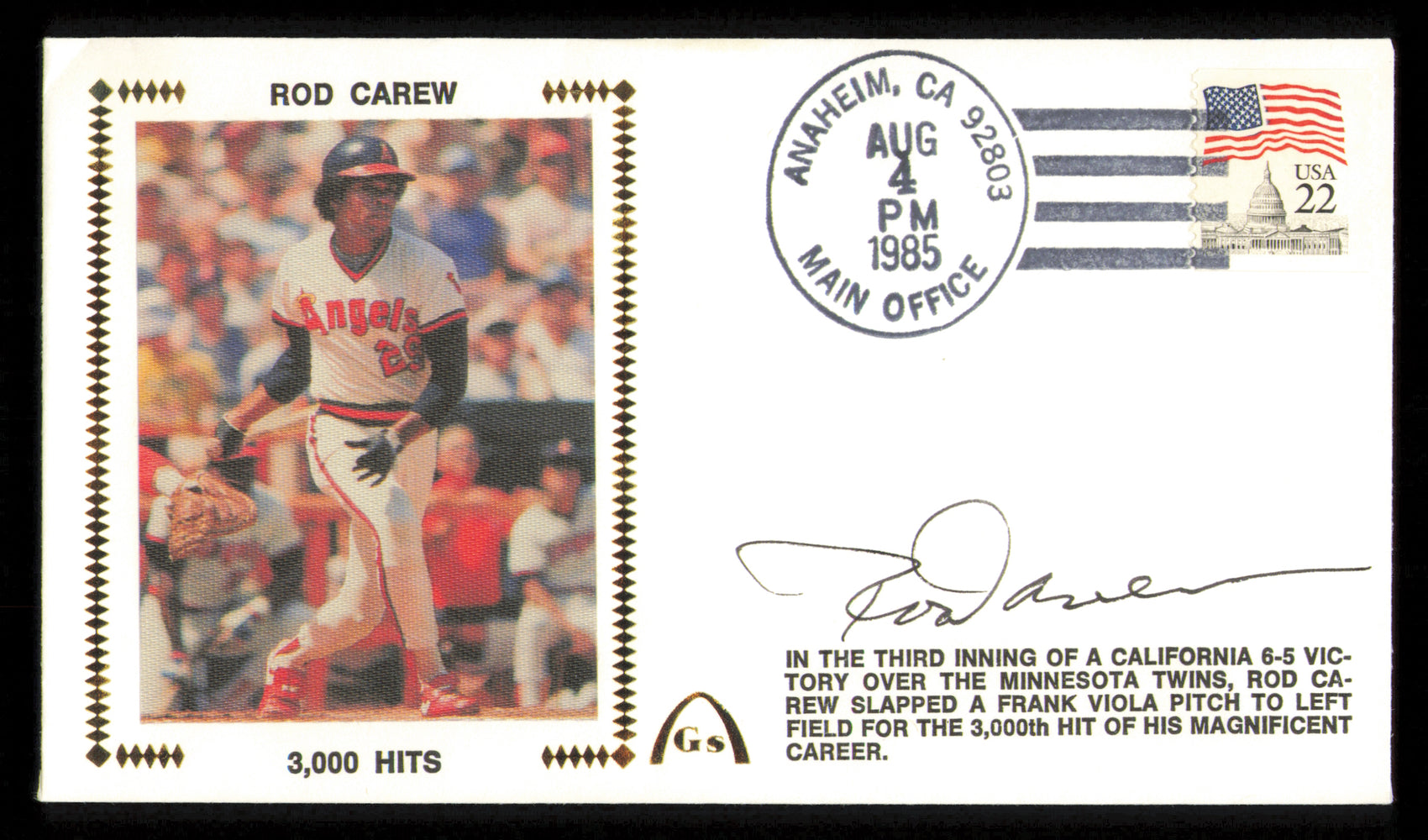 Rod Carew Autographed 1985 First Day Cover California Angels
