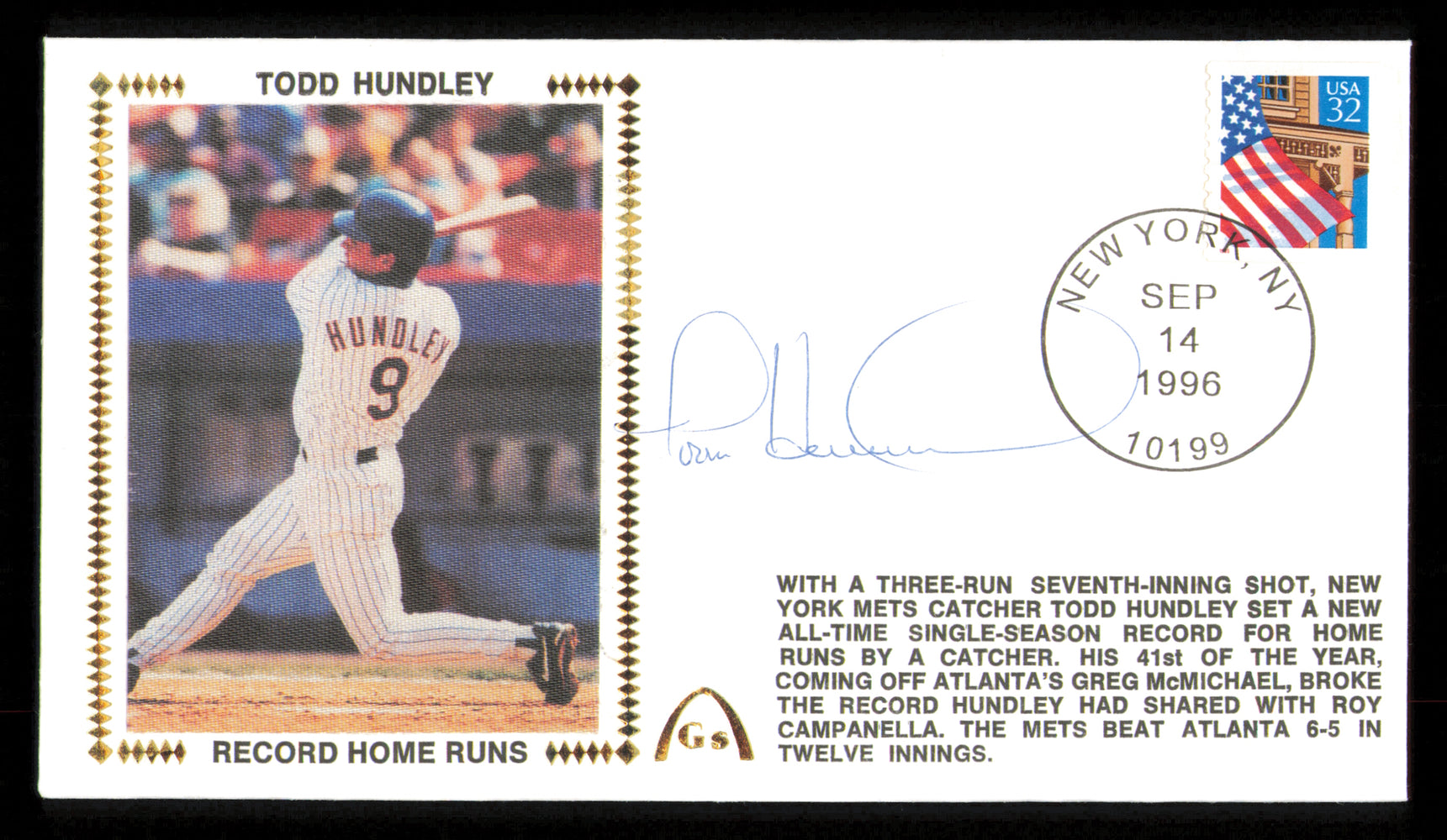 Todd Hundley Autographed 1996 First Day Cover New York Mets