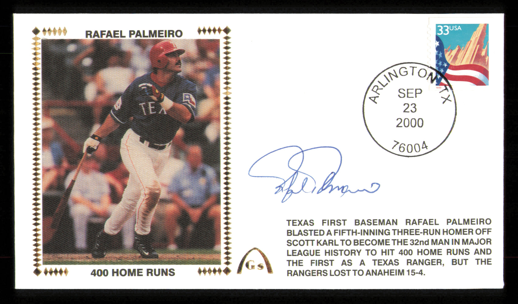 Rafael Palmeiro Autographed 2000 First Day Cover Texas Rangers