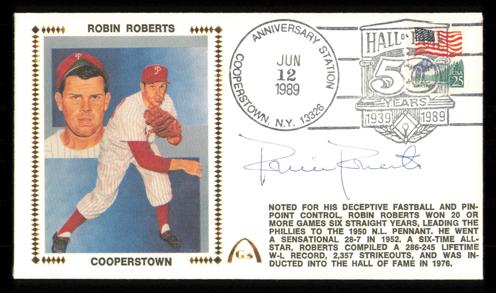 Robin Roberts Autographed 1989 First Day Cover Philadelphia Phillies
